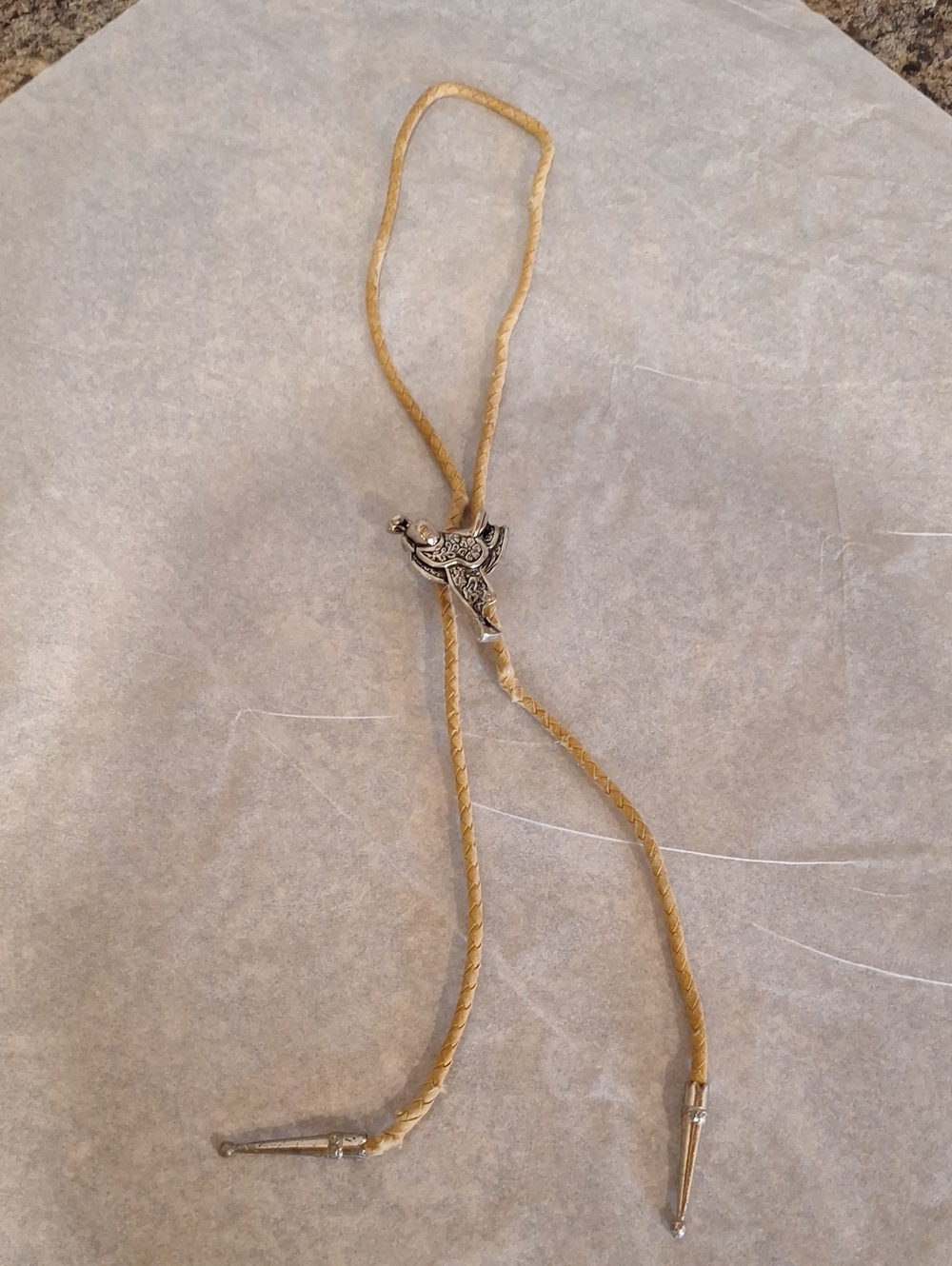 Western Saddle Bolo Tie Necklace in Tan with Silver Slide